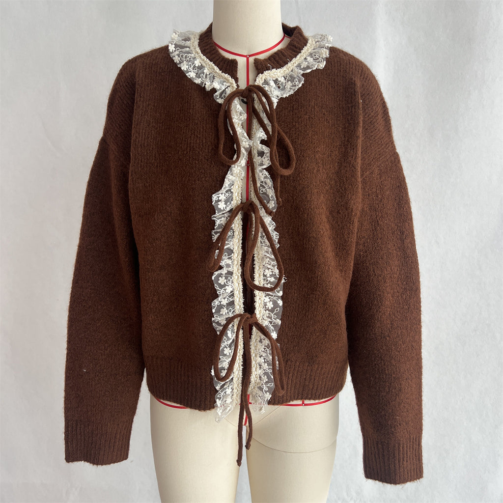 Lace Trim Tie Front Knit Cardigan - Brown - 1