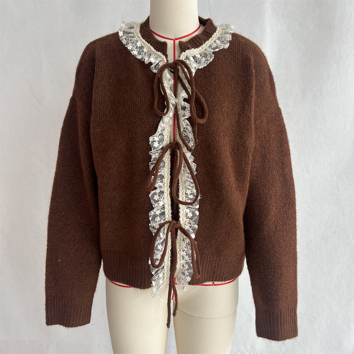 Lace Trim Tie Front Knit Cardigan - Brown - 1