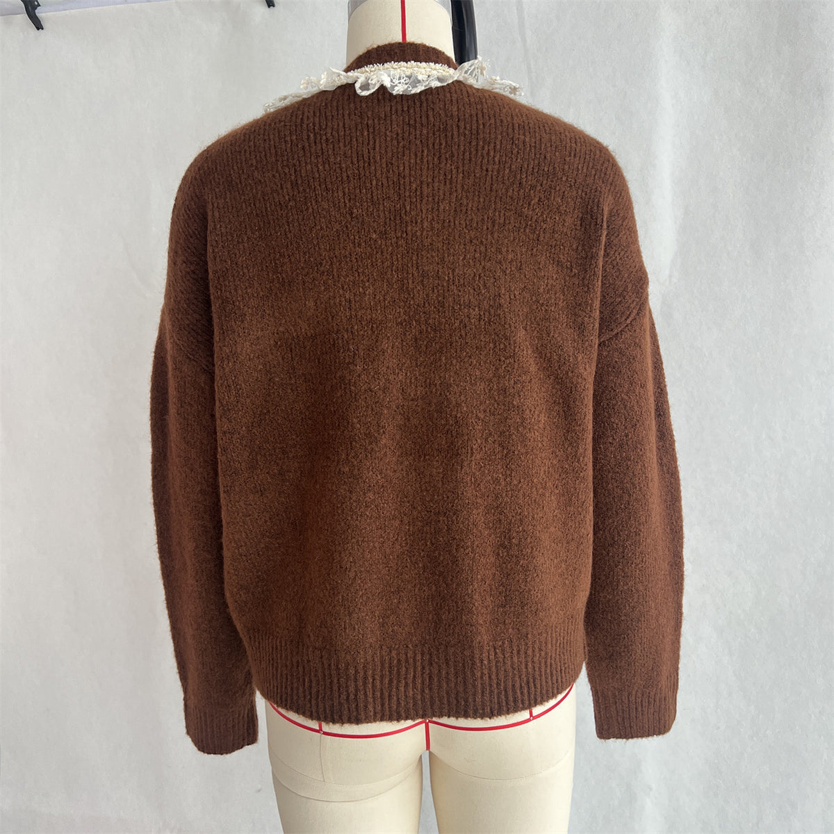 Lace Trim Tie Front Knit Cardigan - Brown - 2