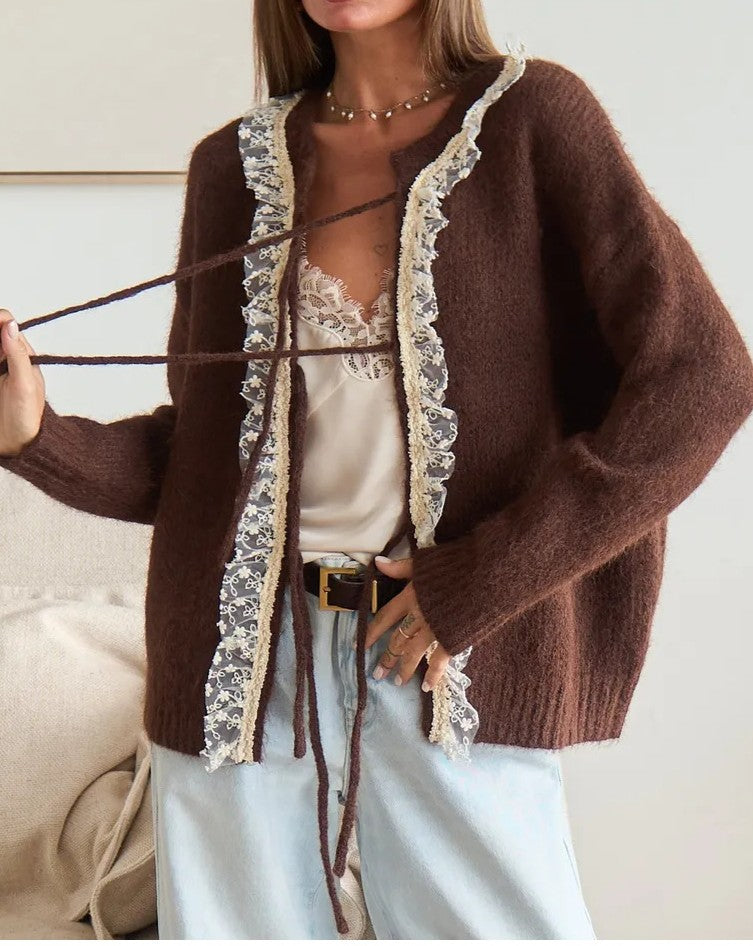 Lace Trim Tie Front Knit Cardigan - Brown - 3