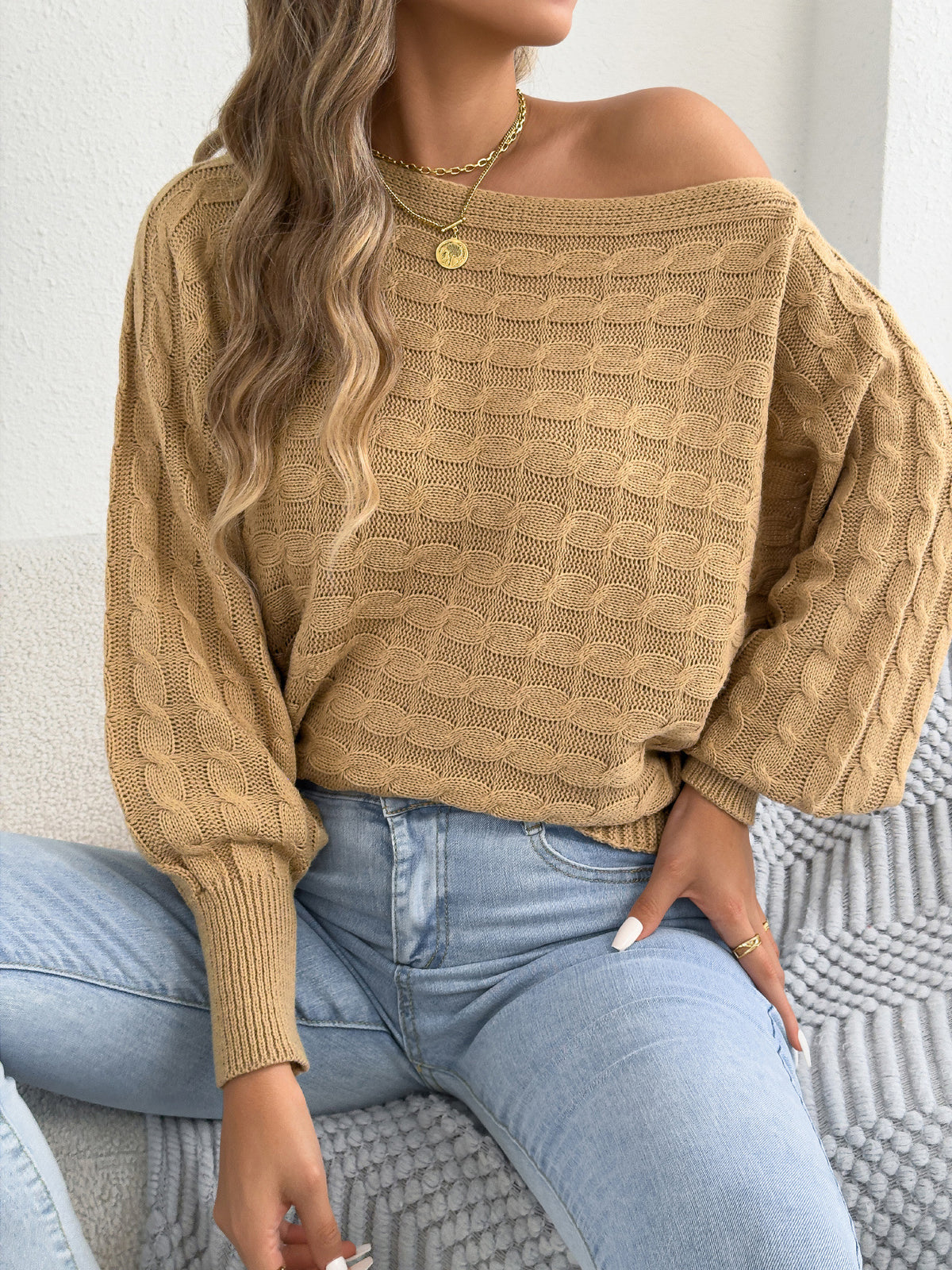 Boat Neck Textured Knit Top With Batwing Sleeves - Khaki - 1