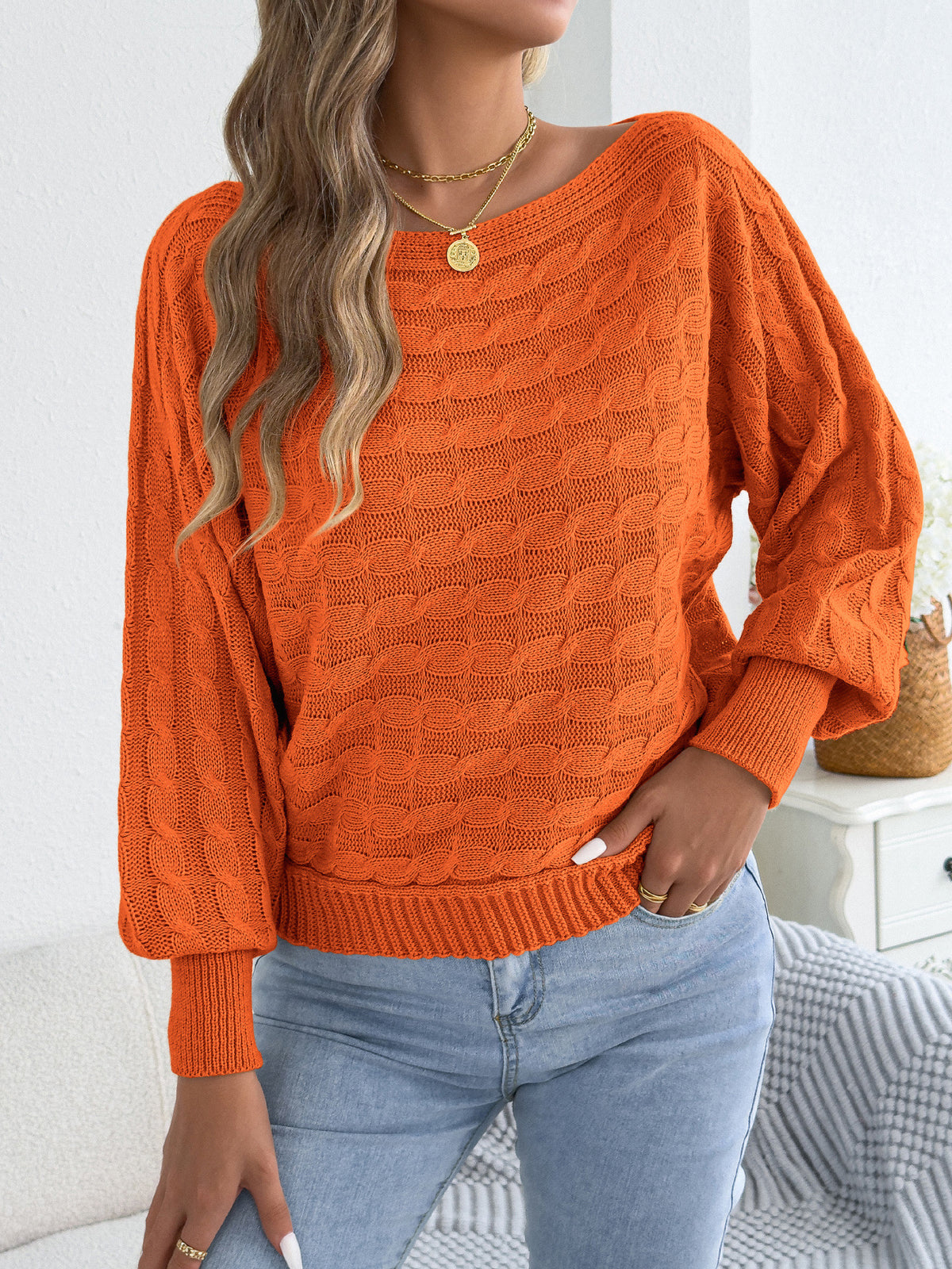 Boat Neck Textured Knit Top With Batwing Sleeves - Orange