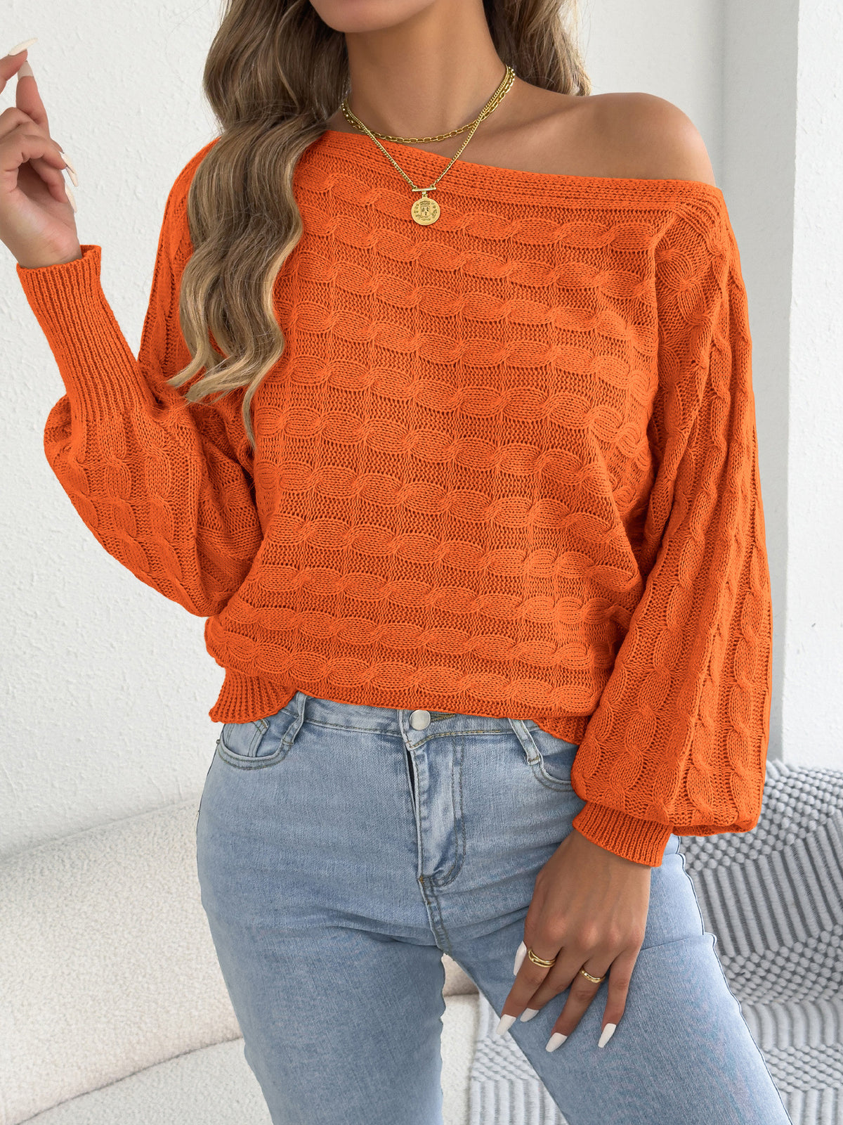 Boat Neck Textured Knit Top With Batwing Sleeves - Orange - 1