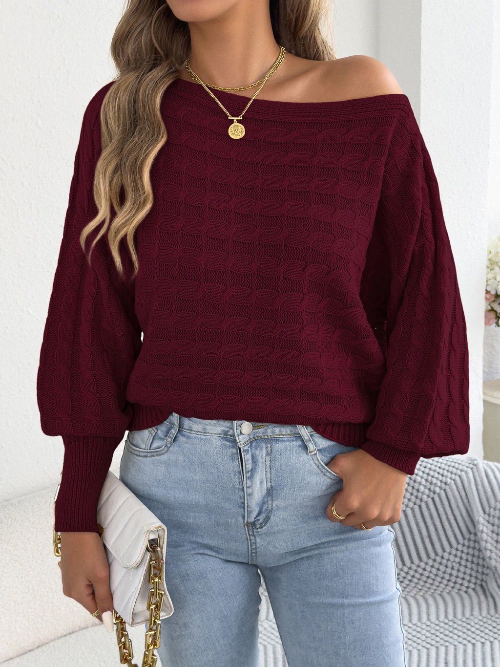 Boat Neck Textured Knit Top With Batwing Sleeves - WineRed