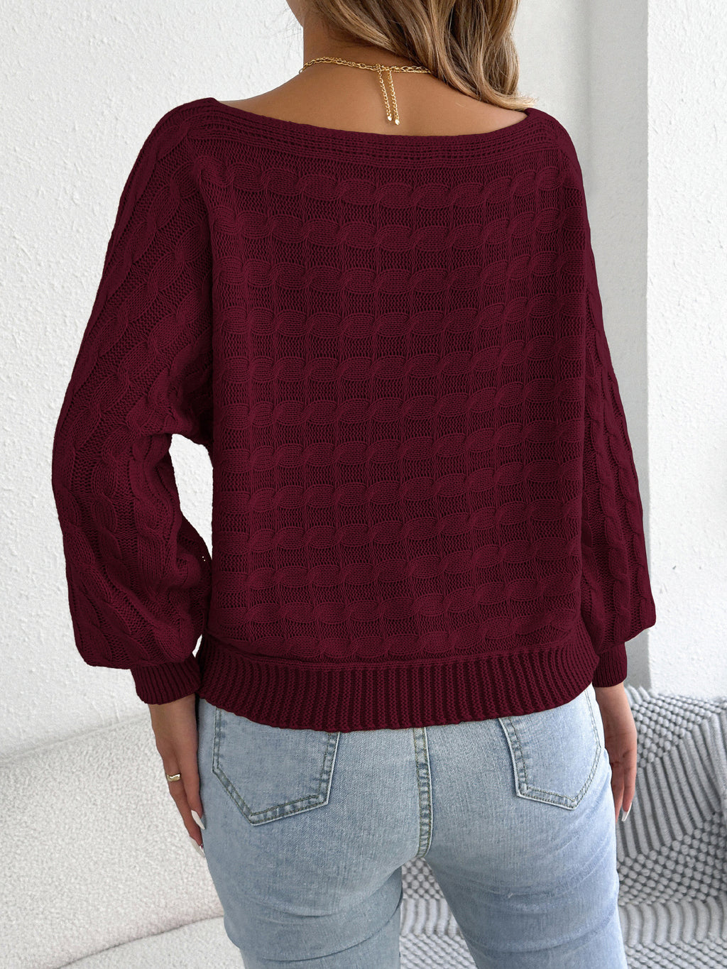 Boat Neck Textured Knit Top With Batwing Sleeves - WineRed - 1