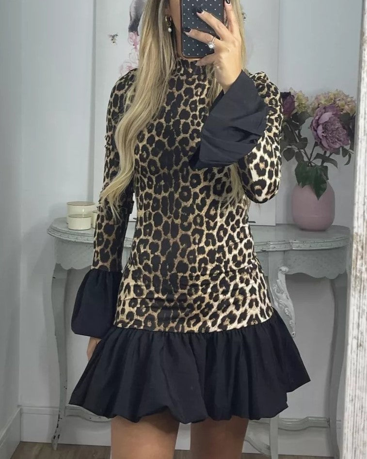 Animal Print Flounce Hem Mini Dress - Yellow