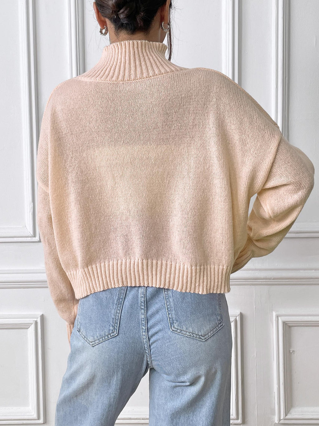 Cropped Boxy Mock Neck Knit Jumper - Apricot - 1