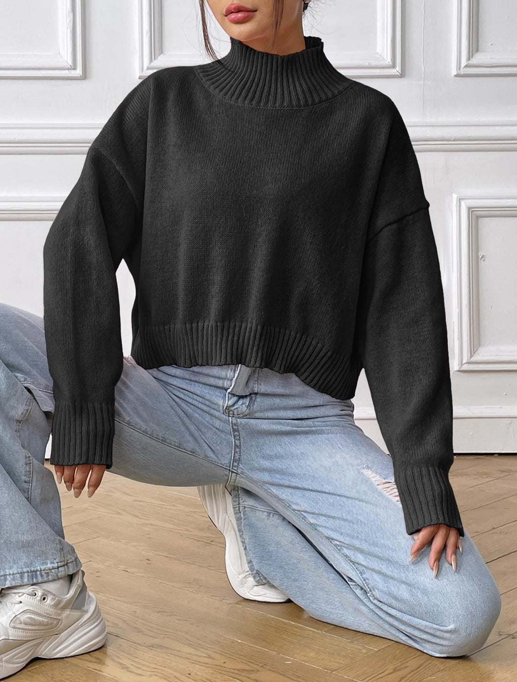Cropped Boxy Mock Neck Knit Jumper - Black - 1