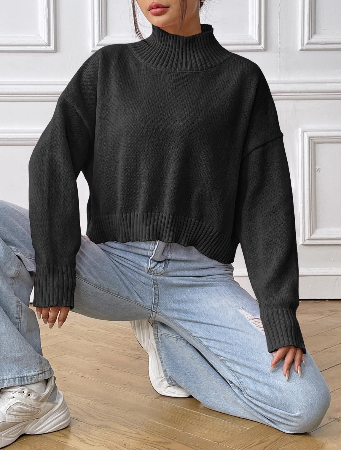 Cropped Boxy Mock Neck Knit Jumper - Black - 1