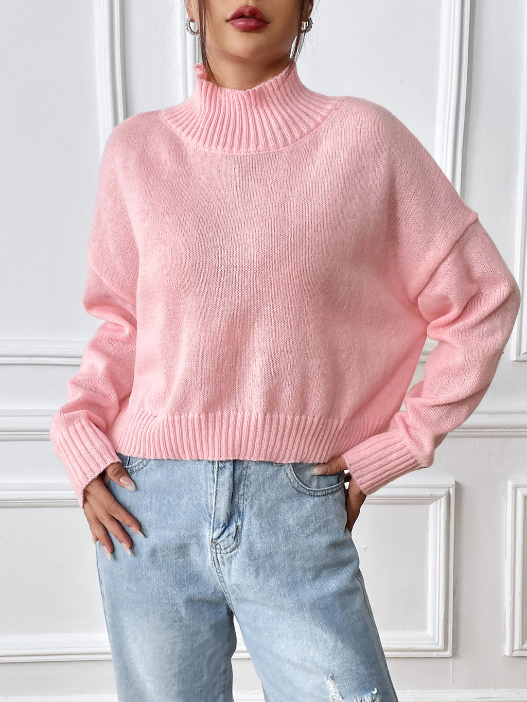 Cropped Boxy Mock Neck Knit Jumper - Pink - 1