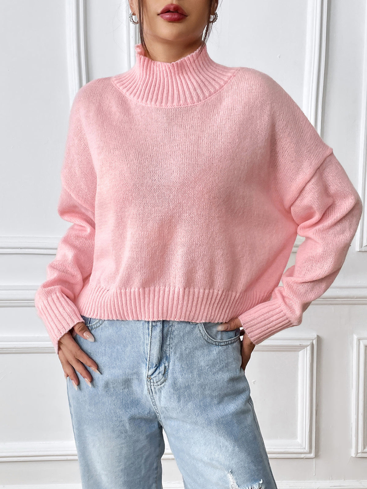 Cropped Boxy Mock Neck Knit Jumper - Pink - 1