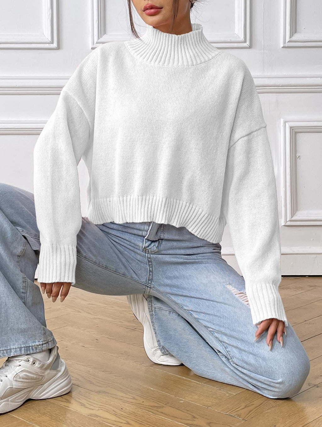 Cropped Boxy Mock Neck Knit Jumper - White