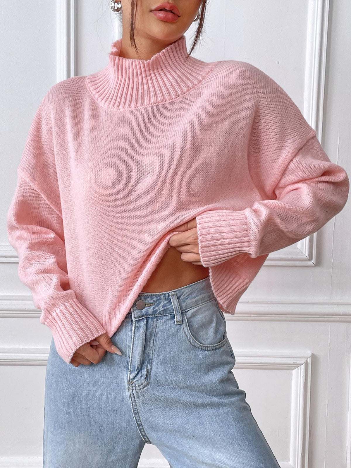 Cropped Boxy Mock Neck Knit Jumper - view 1