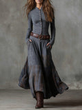 Long Sleeve Patchwork Button Front Maxi Dress - Grey