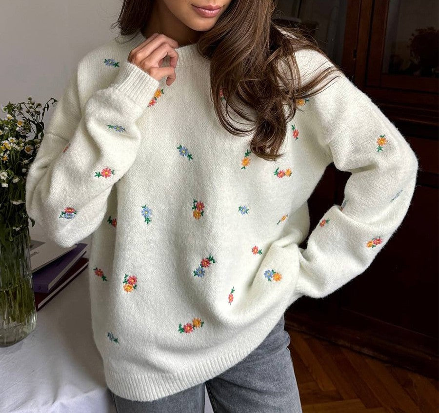 Floral Embroidered Oversized Knit Sweater