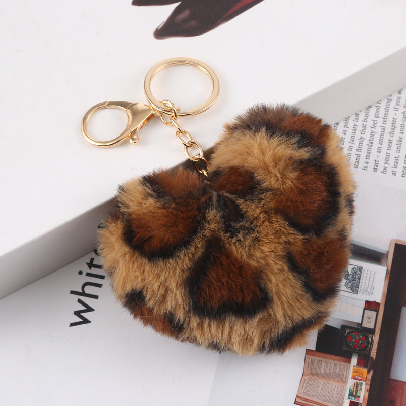 Puffy Heart Faux Fur Bag Keychain - LeopardBrown
