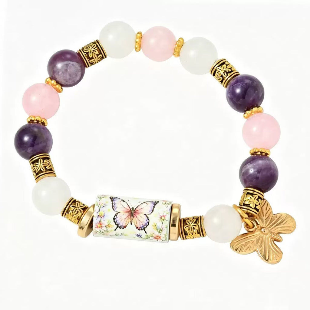 Nature Print Tube Bead Bracelet with Dangle Charm - C10