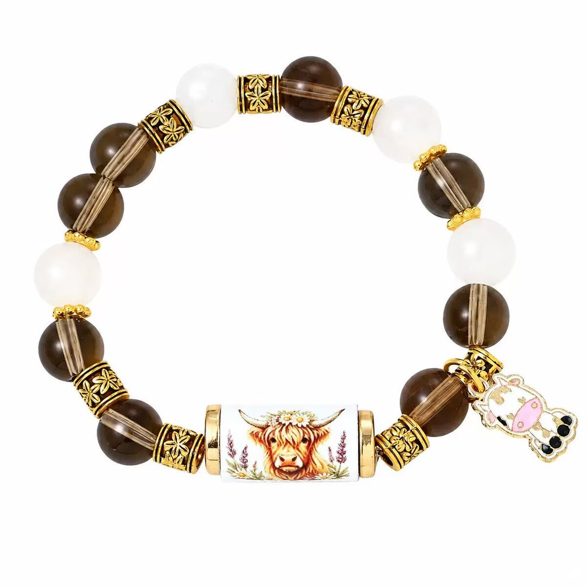 Nature Print Tube Bead Bracelet with Dangle Charm - C16