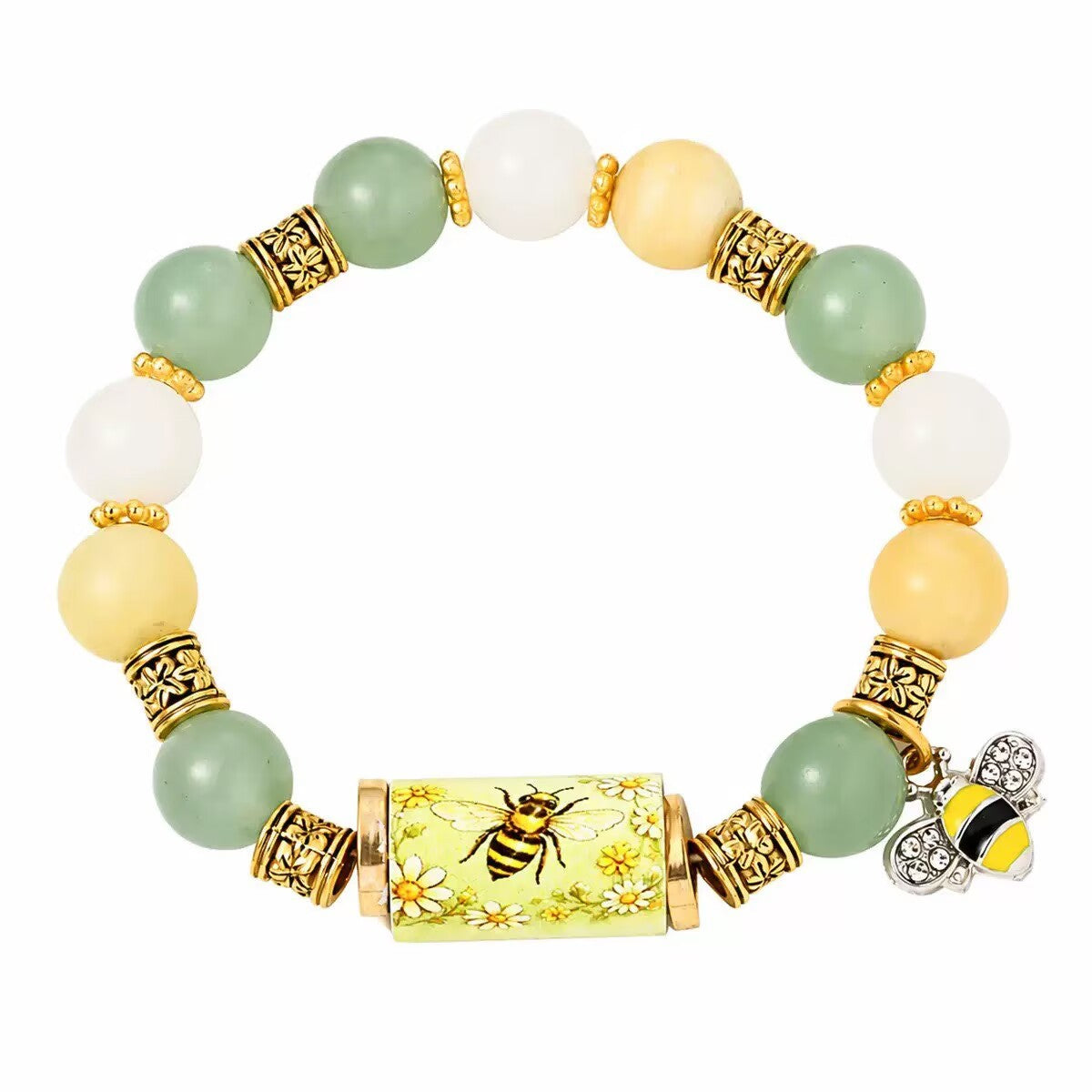 Nature Print Tube Bead Bracelet with Dangle Charm - C17