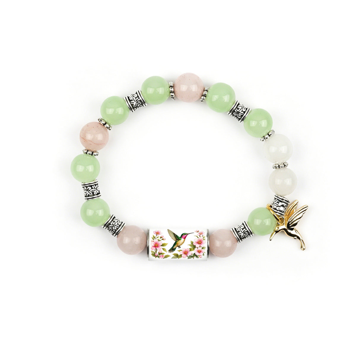 Nature Print Tube Bead Bracelet with Dangle Charm - C2