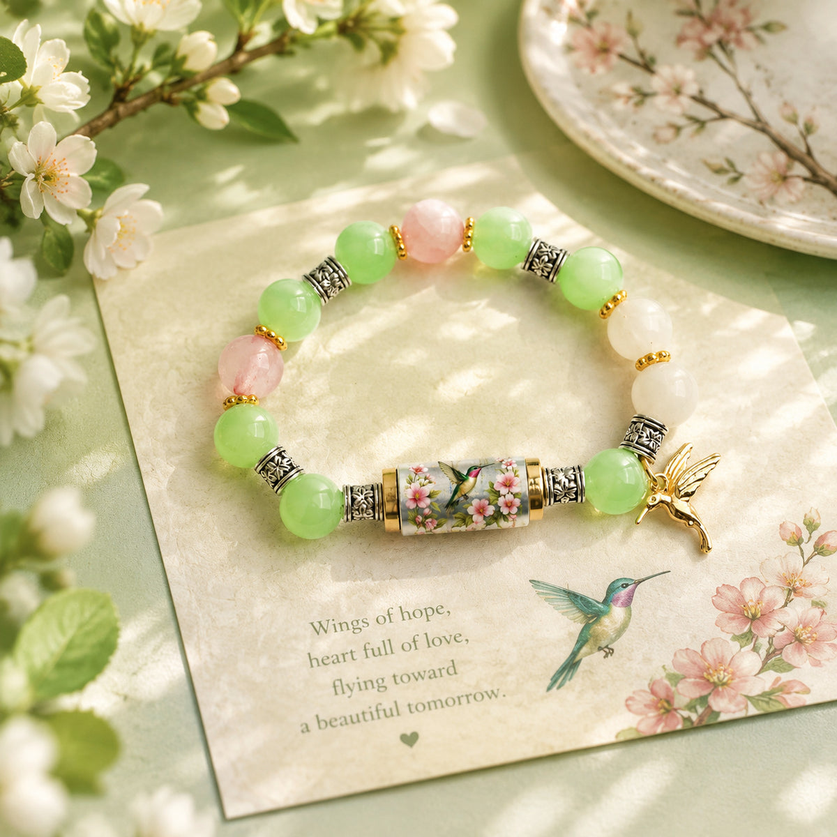 Nature Print Tube Bead Bracelet with Dangle Charm - view 1