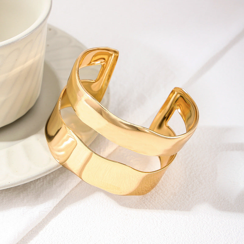 Minimalist Twin-Band Open Cuff Bangle - Gold - 3
