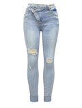 Crossover Waist Distressed Slim Fit Jeans - Blue
