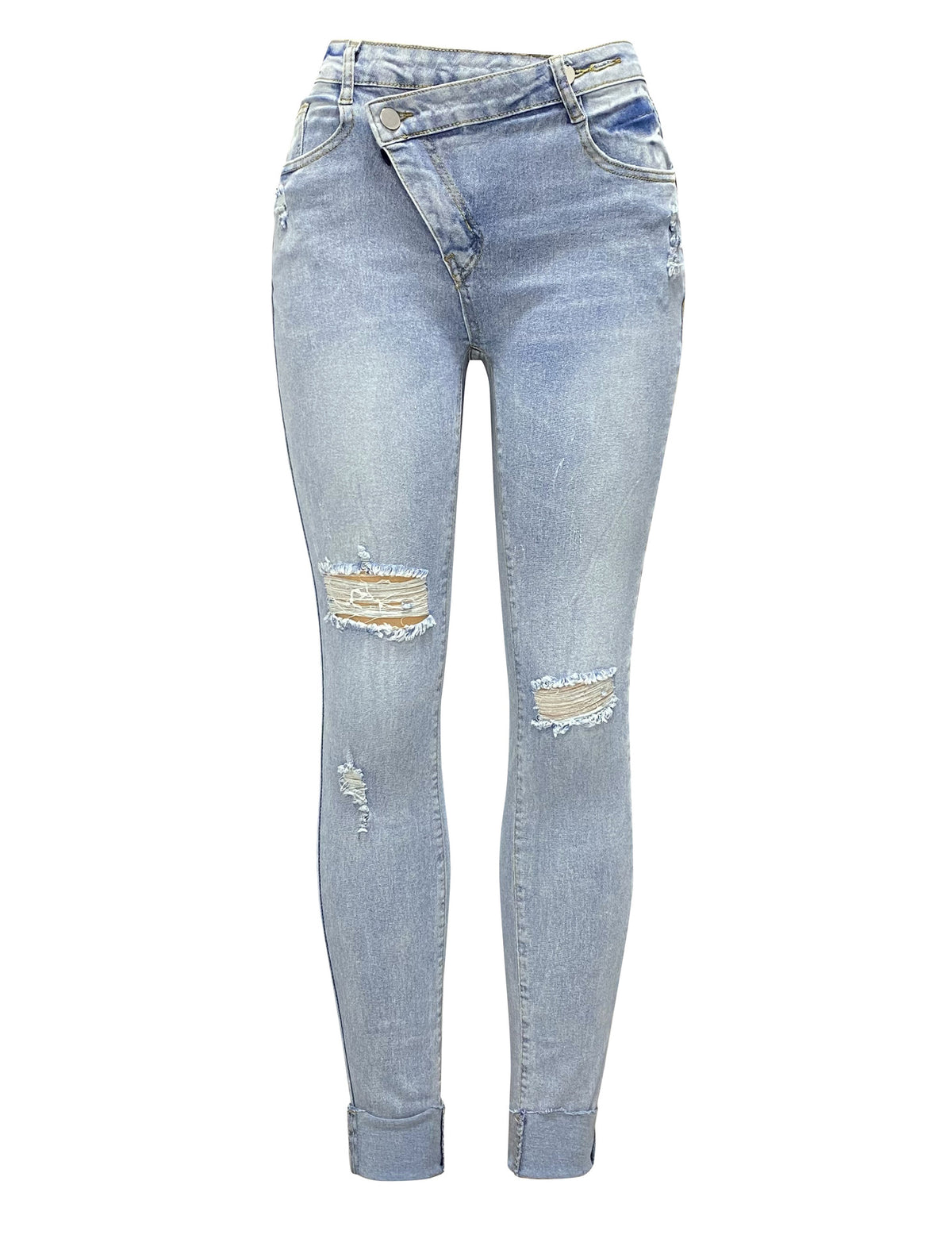 Crossover Waist Distressed Slim Fit Jeans - Blue