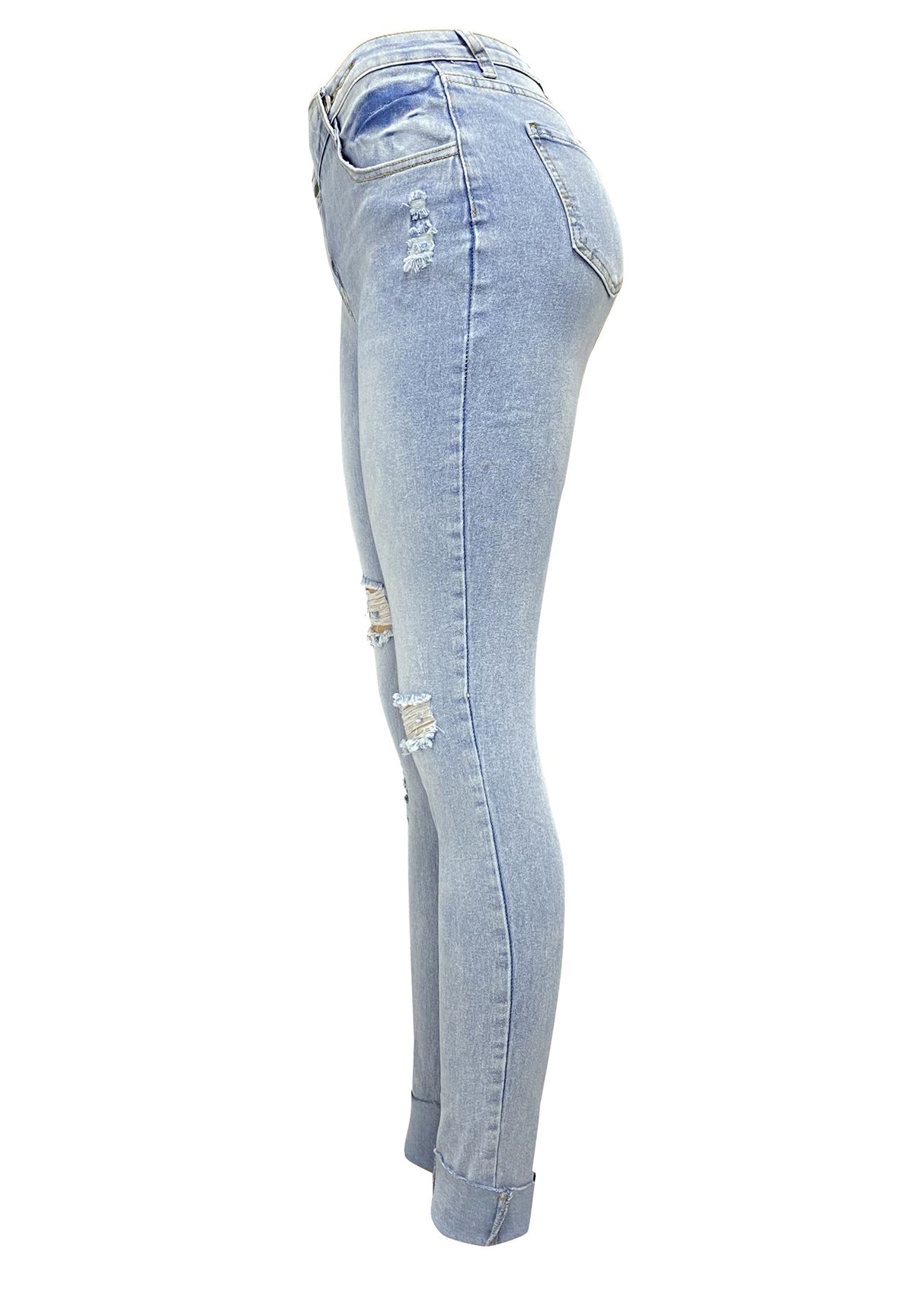 Crossover Waist Distressed Slim Fit Jeans - Blue - 1