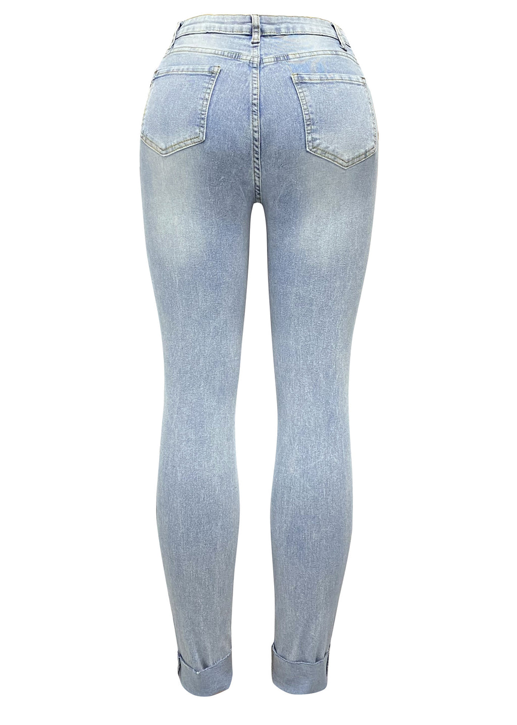 Crossover Waist Distressed Slim Fit Jeans - Blue - 2