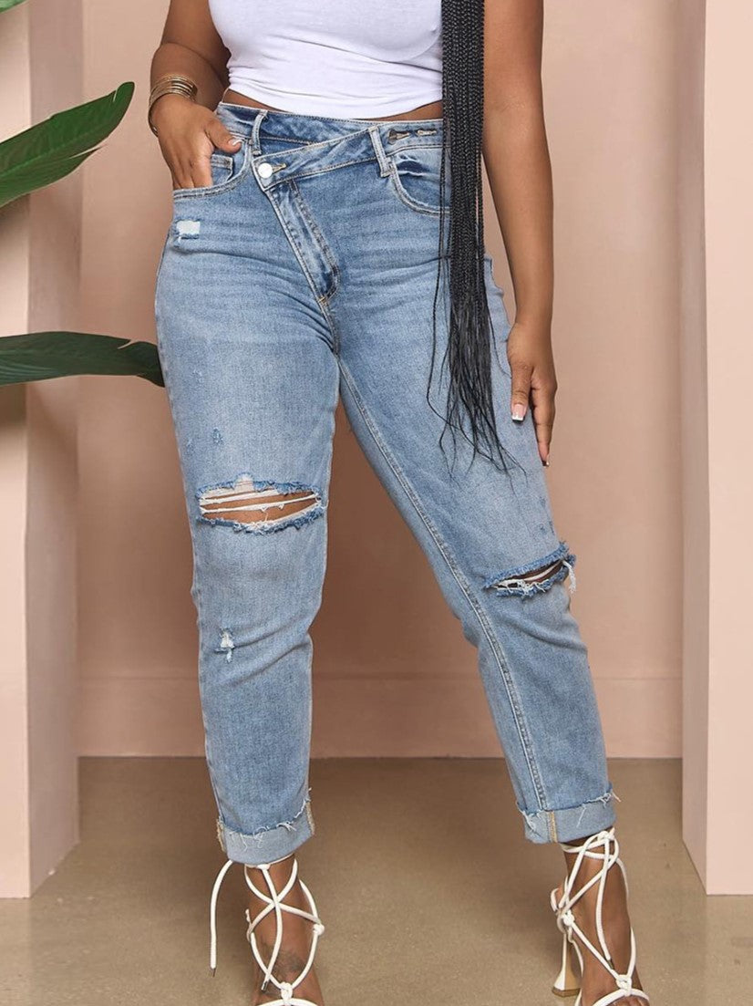 Crossover Waist Distressed Slim Fit Jeans - Blue - 3