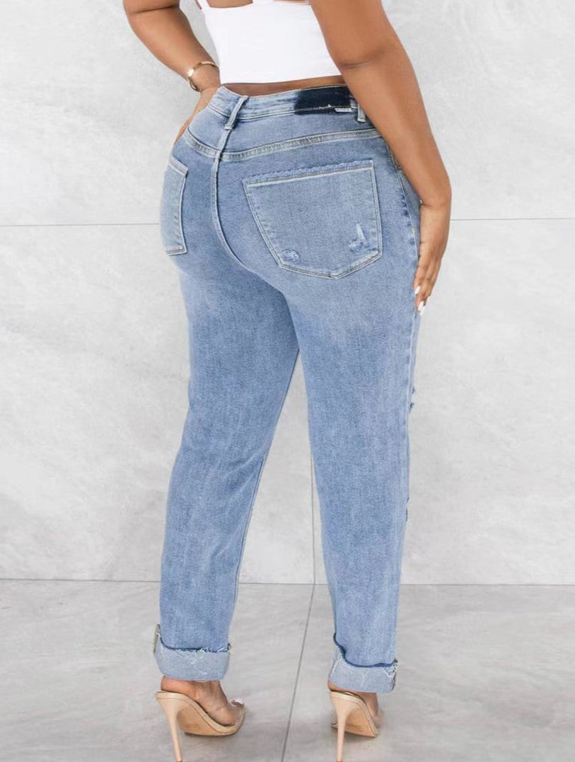 Crossover Waist Distressed Slim Fit Jeans - Blue - 4