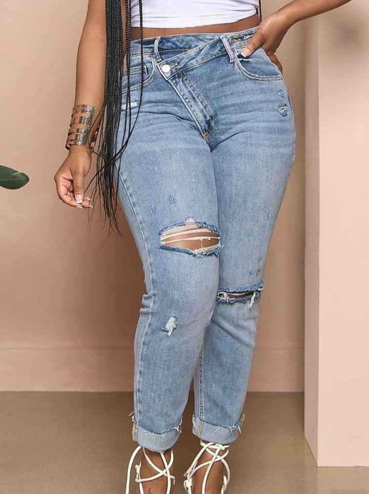 Crossover Waist Distressed Slim Fit Jeans - view 1