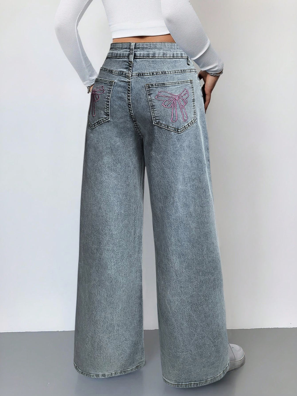 Coquette Bow Pocket High Waist Baggy Jeans - Blue
