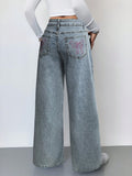 Coquette Bow Pocket High Waist Baggy Jeans - Blue