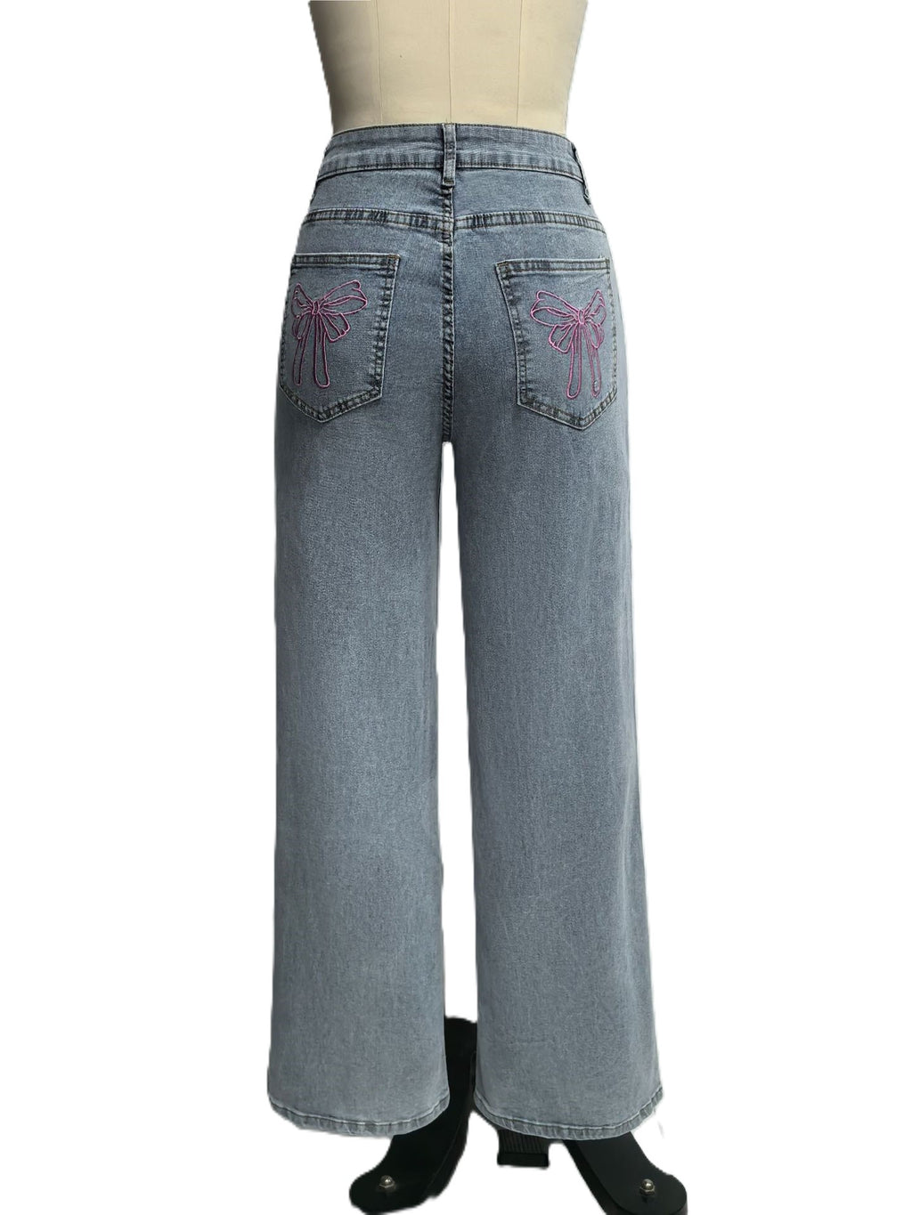 Coquette Bow Pocket High Waist Baggy Jeans - Blue - 2