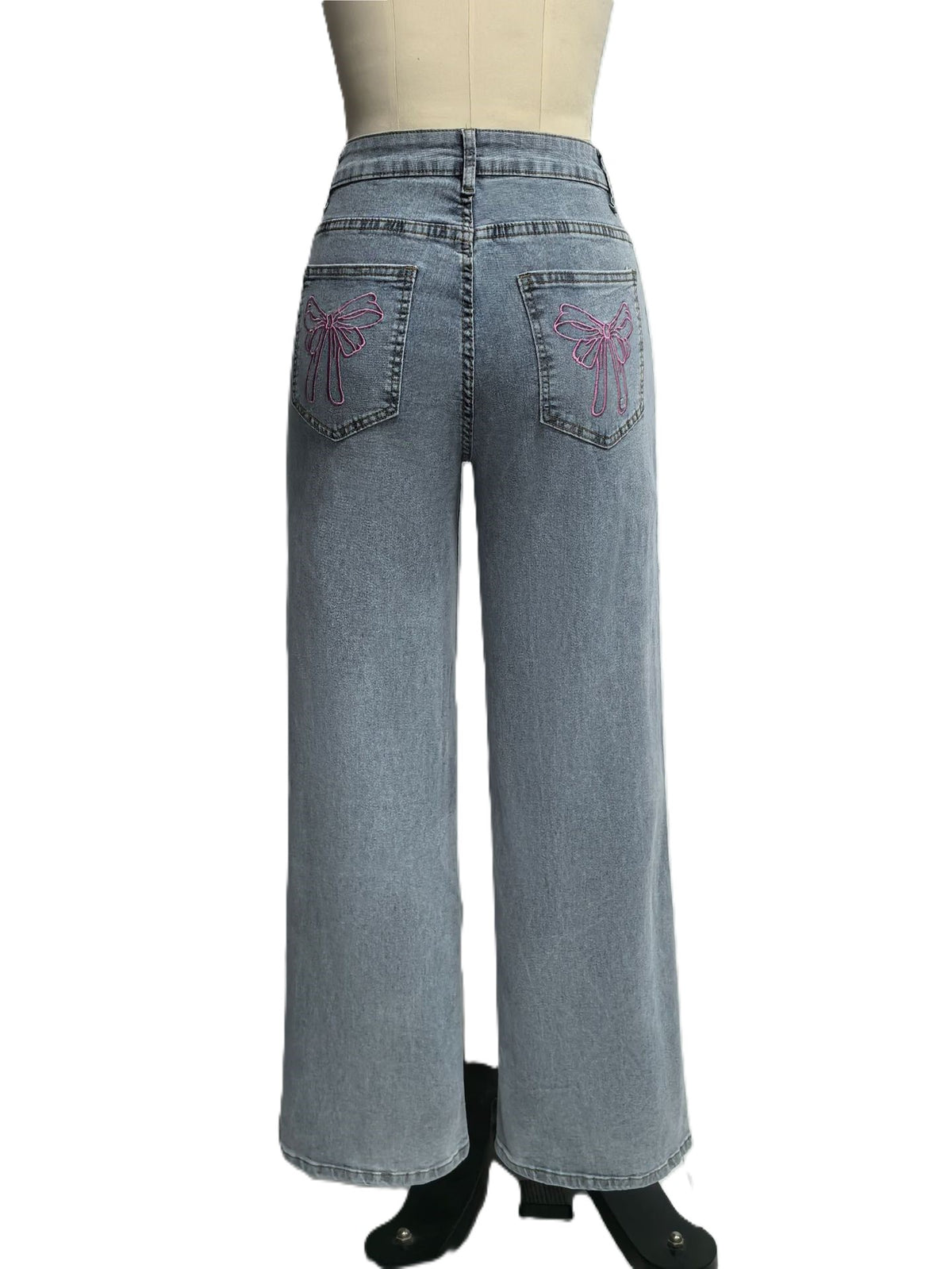 Coquette Bow Pocket High Waist Baggy Jeans - Blue - 2