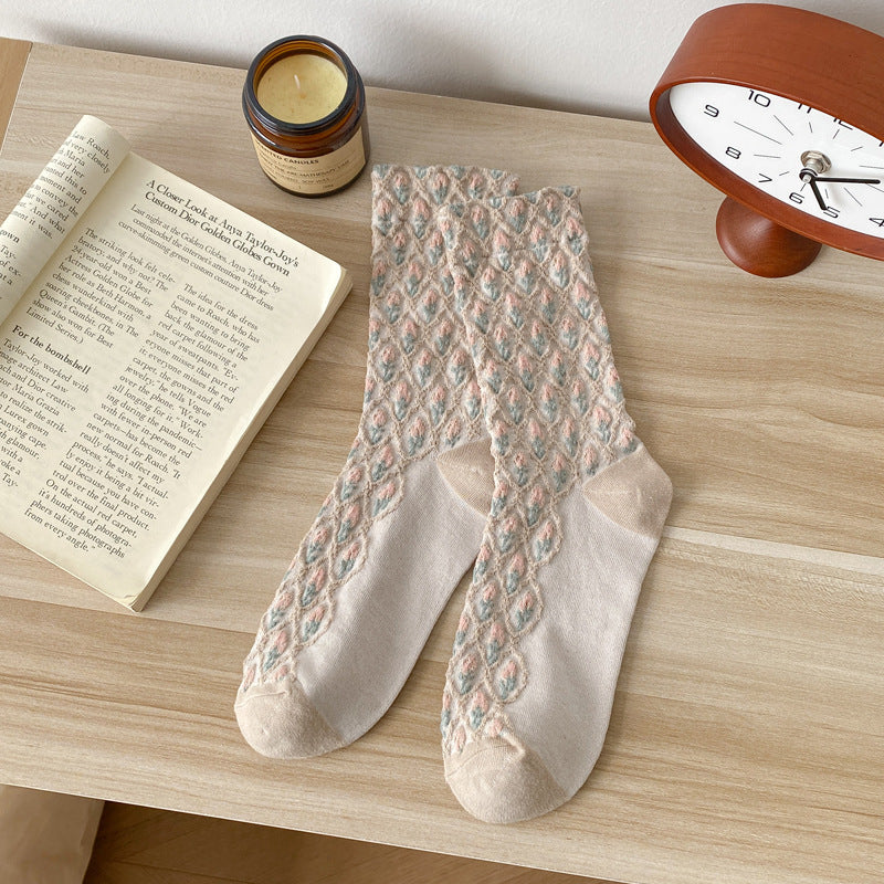 Textured Tulip Jacquard Crew Socks - Beige