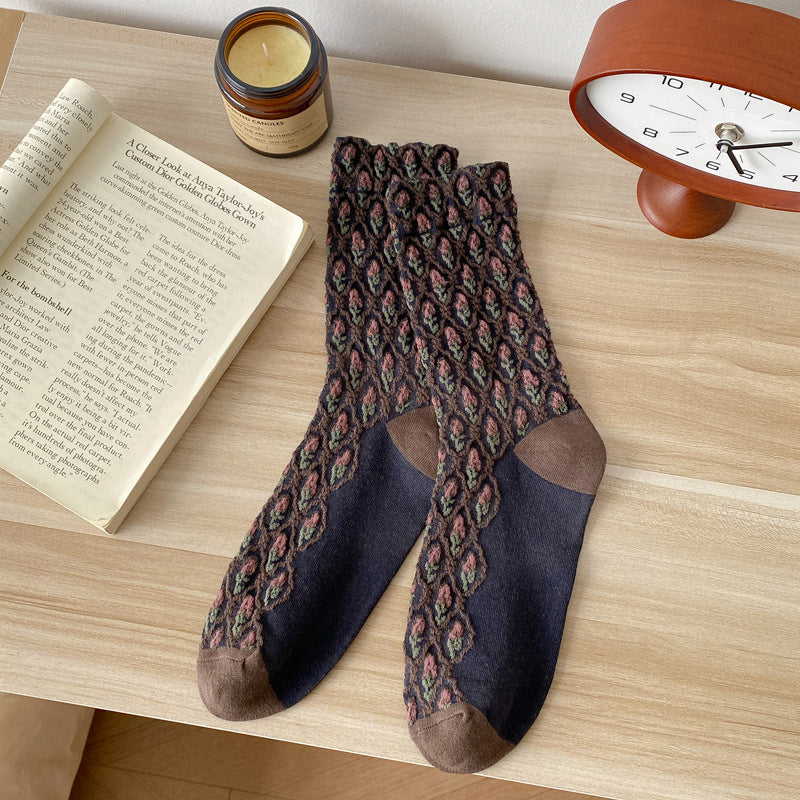 Textured Tulip Jacquard Crew Socks - NavyBlue