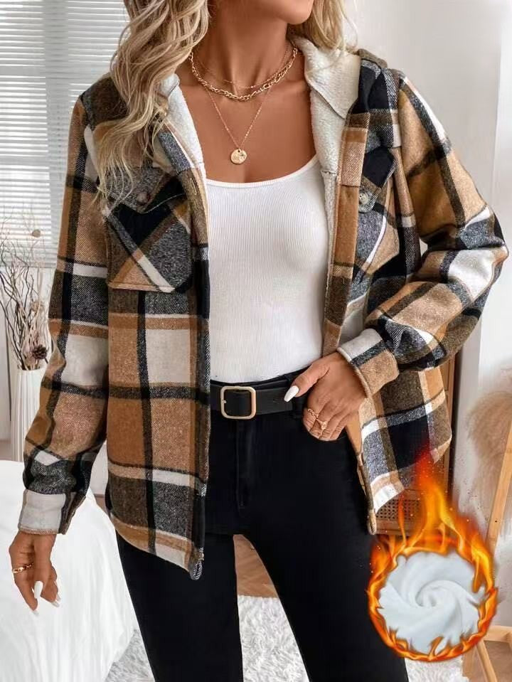 Sherpa Lined Hooded Plaid Shirt Jacket