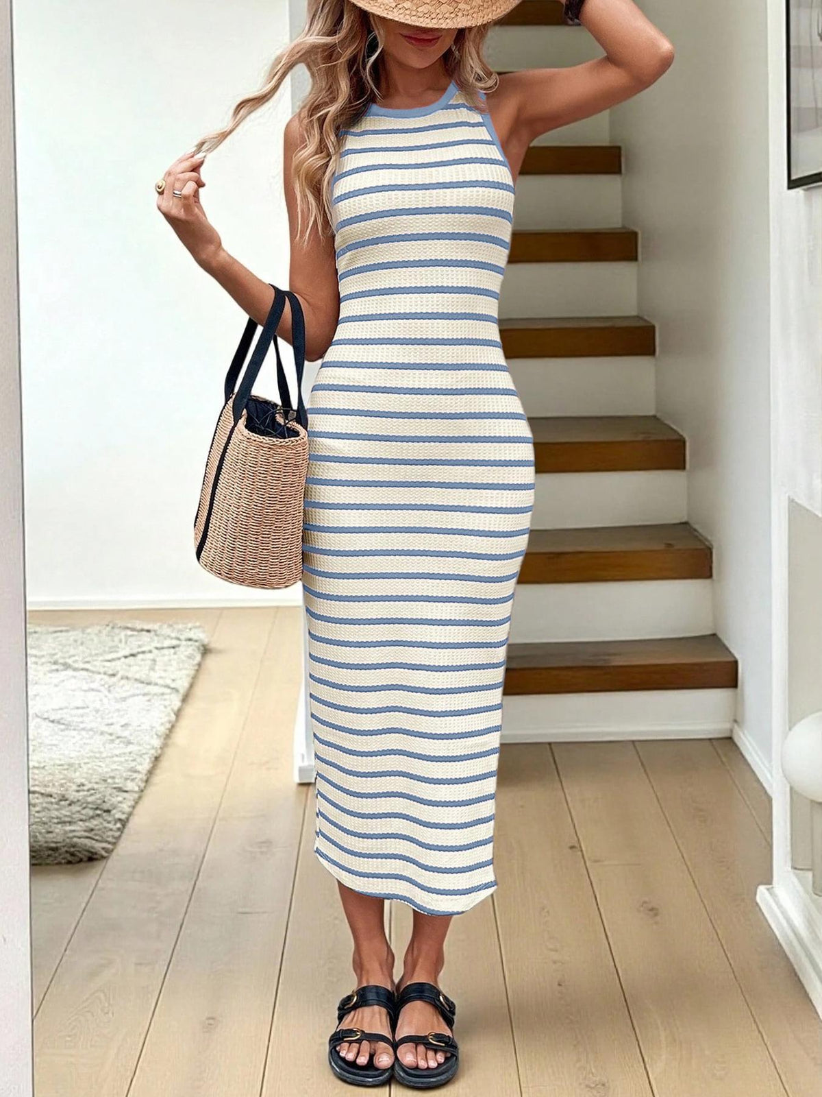 Ribbed Knit Striped Maxi Dress With Side Slit - Blue