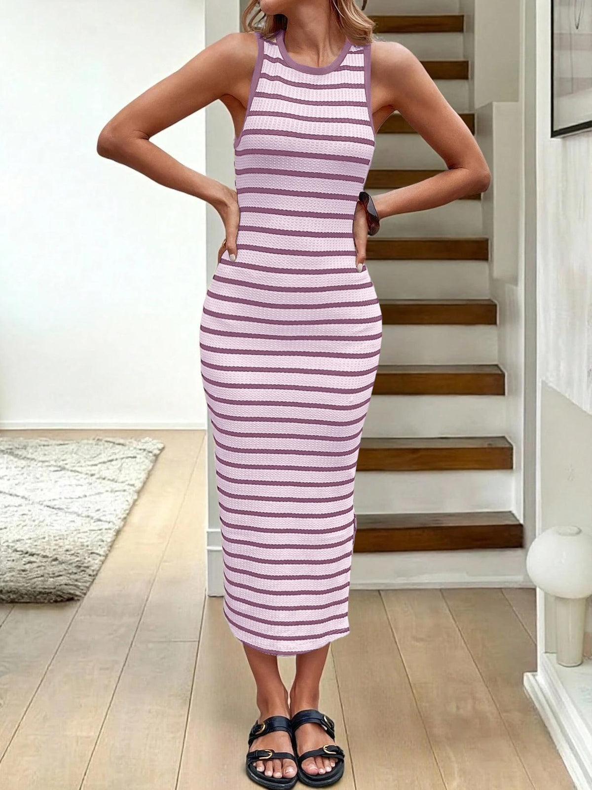 Ribbed Knit Striped Maxi Dress With Side Slit - Purple