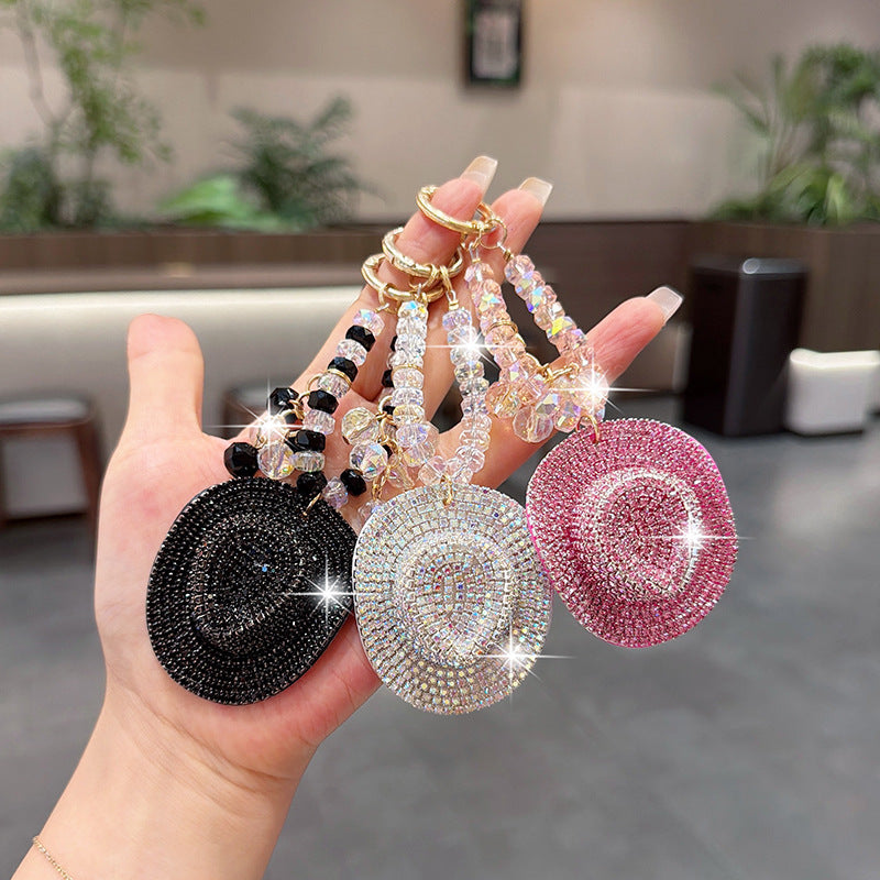 Rhinestone Cowboy Hat Keychain With Crystal Bead Strap - Black