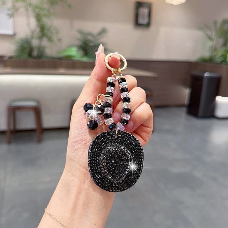 Rhinestone Cowboy Hat Keychain With Crystal Bead Strap - Black - 2