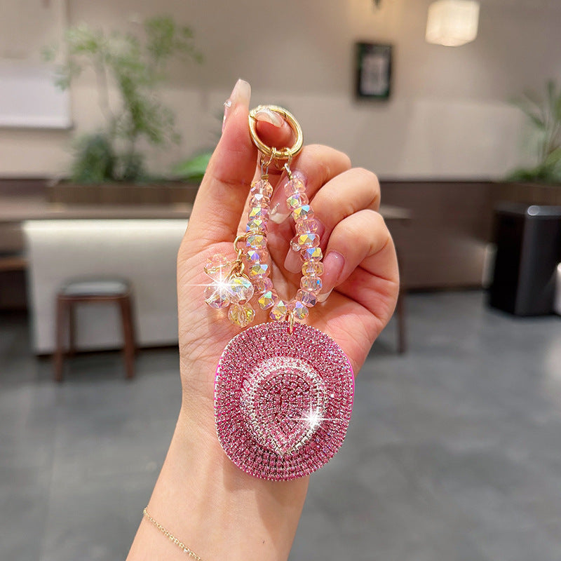 Rhinestone Cowboy Hat Keychain With Crystal Bead Strap - Pink