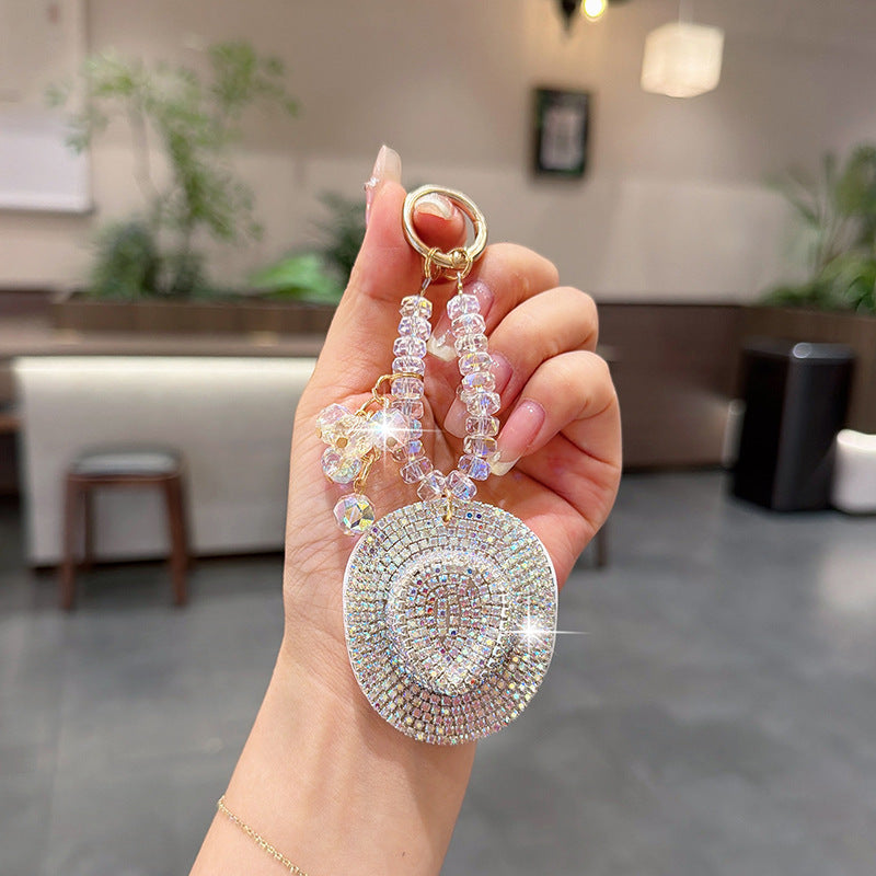 Rhinestone Cowboy Hat Keychain With Crystal Bead Strap - White-1