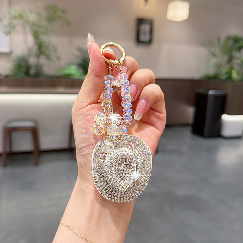 Rhinestone Cowboy Hat Keychain With Crystal Bead Strap - White-2