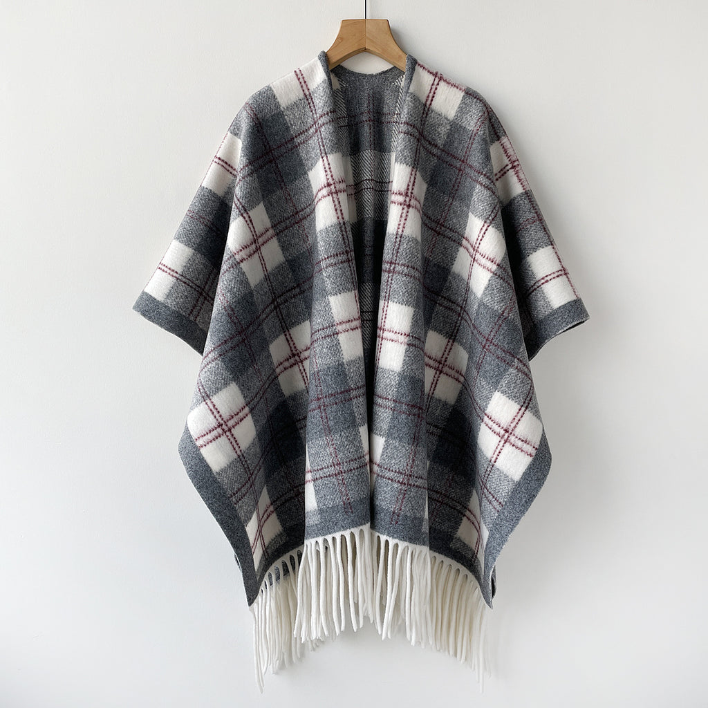 Plaid Fringe Poncho Wrap Scarf with Open Front - Grey
