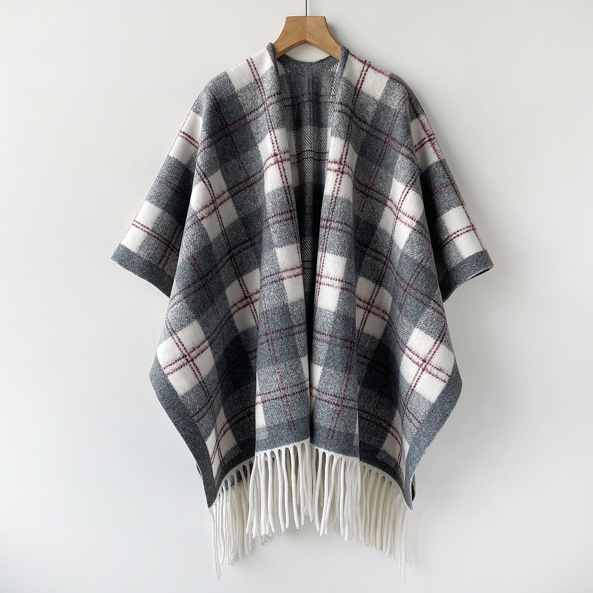 Plaid Fringe Poncho Wrap Scarf with Open Front - Grey
