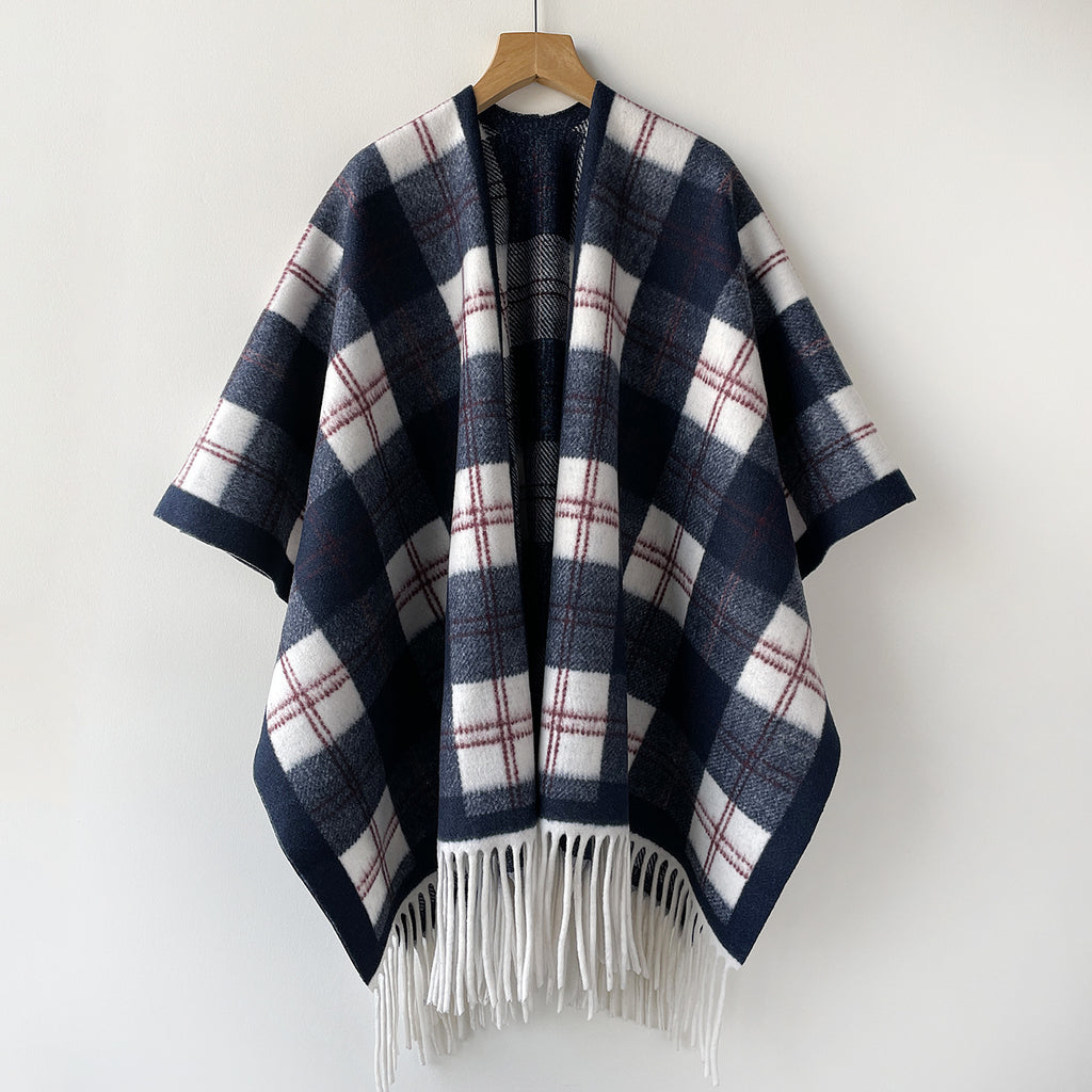 Plaid Fringe Poncho Wrap Scarf with Open Front - Navy